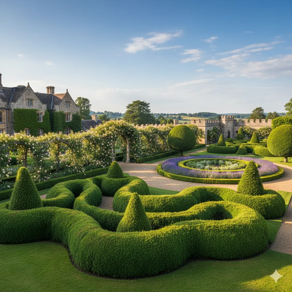 Beautifully shaped decorative shrubs in a garden